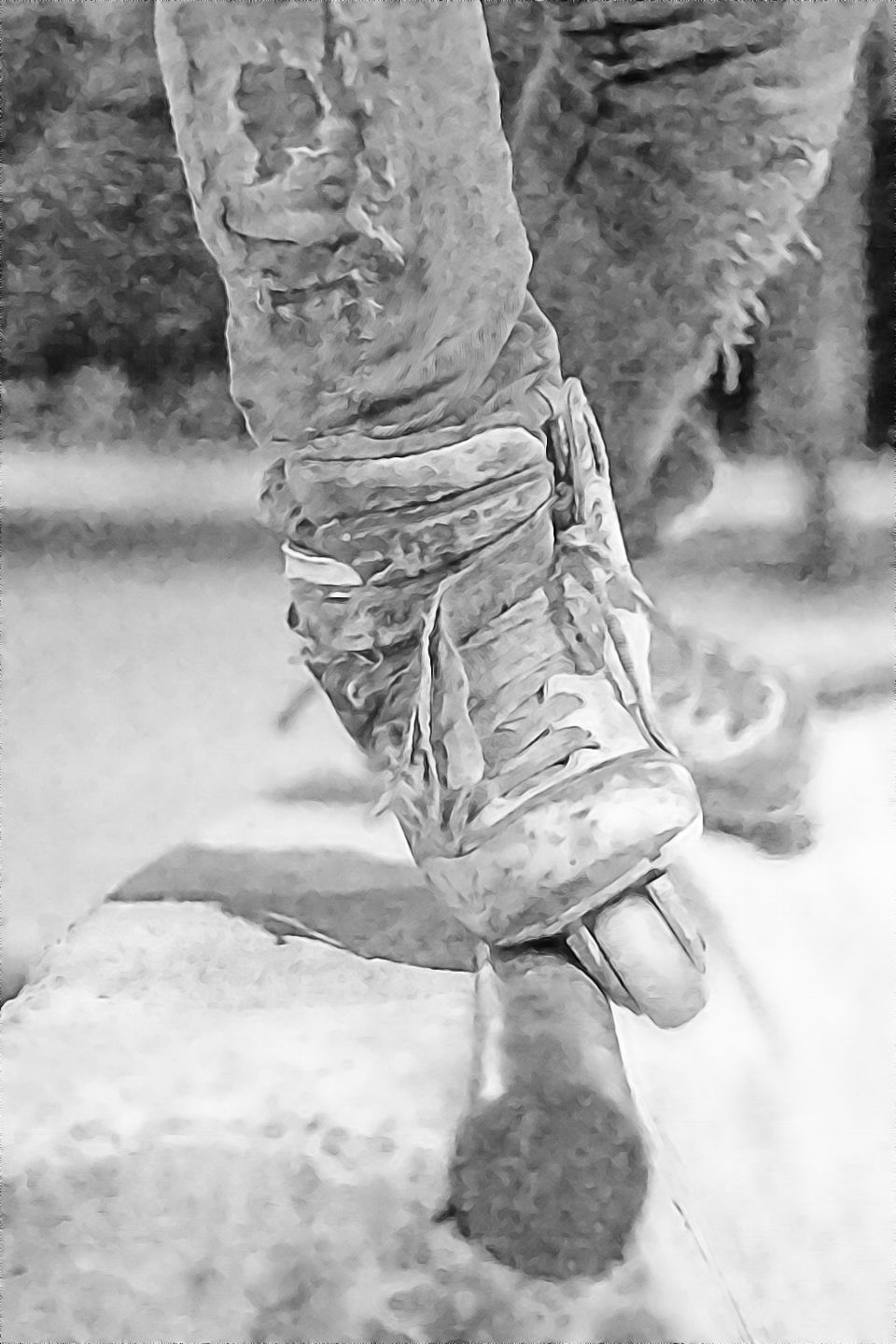 Black-and-white ink wash style close-up of a heavily worn inline skate performing a rail grind, with distressed jeans and scuffed skate boots emphasizing street skating action and durability.
    