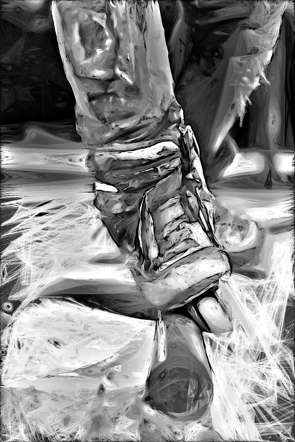 Artistic stringify style close-up of a heavily worn inline skate performing a rail grind, with distressed jeans and scuffed skate boots emphasizing street skating action and durability.