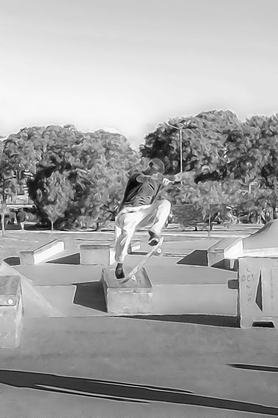 Black-and-white ink wash style image of a person riding a skateboard while performing an aerial trick over a concrete obstacle at an outdoor skatepark, surrounded by ramps, rails, and trees.