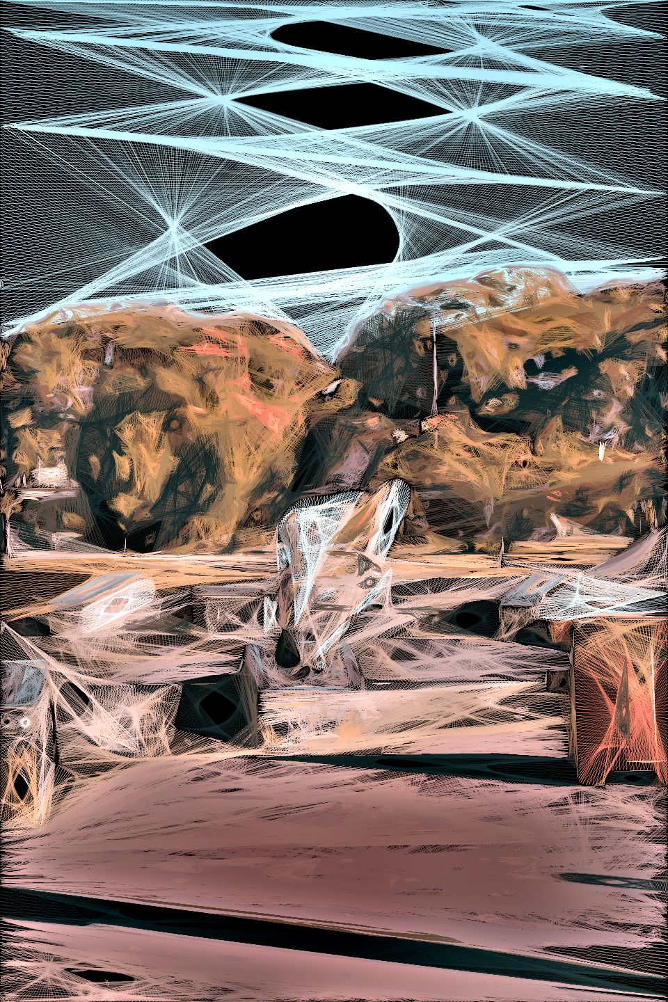 Artistic stringify style image of a person riding a skateboard while performing an aerial trick over a concrete obstacle at an outdoor skatepark, surrounded by ramps, rails, and trees.