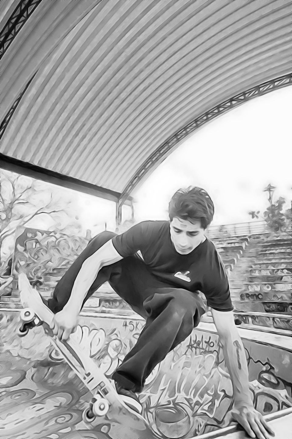 Black-and-white ink wash style image of a skateboarder performing a trick inside a concrete skate bowl covered in graffiti beneath a large curved canopy, with tiered seating and urban artwork visible in the background.