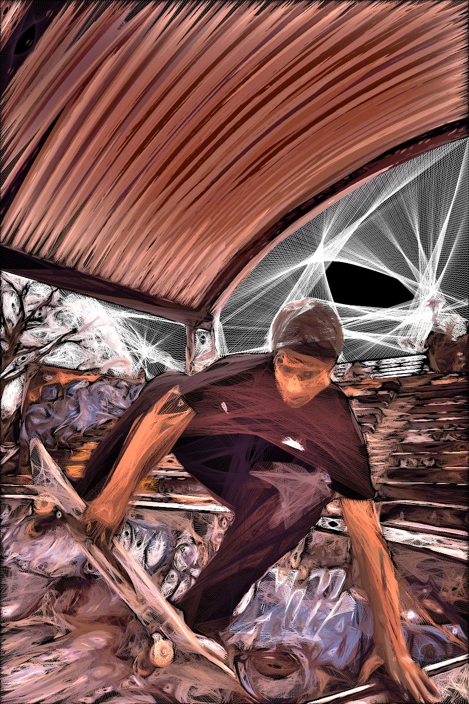 Artistic stringify style image of a skateboarder performing a trick inside a concrete skate bowl covered in graffiti beneath a large curved canopy, with tiered seating and urban artwork visible in the background.
    