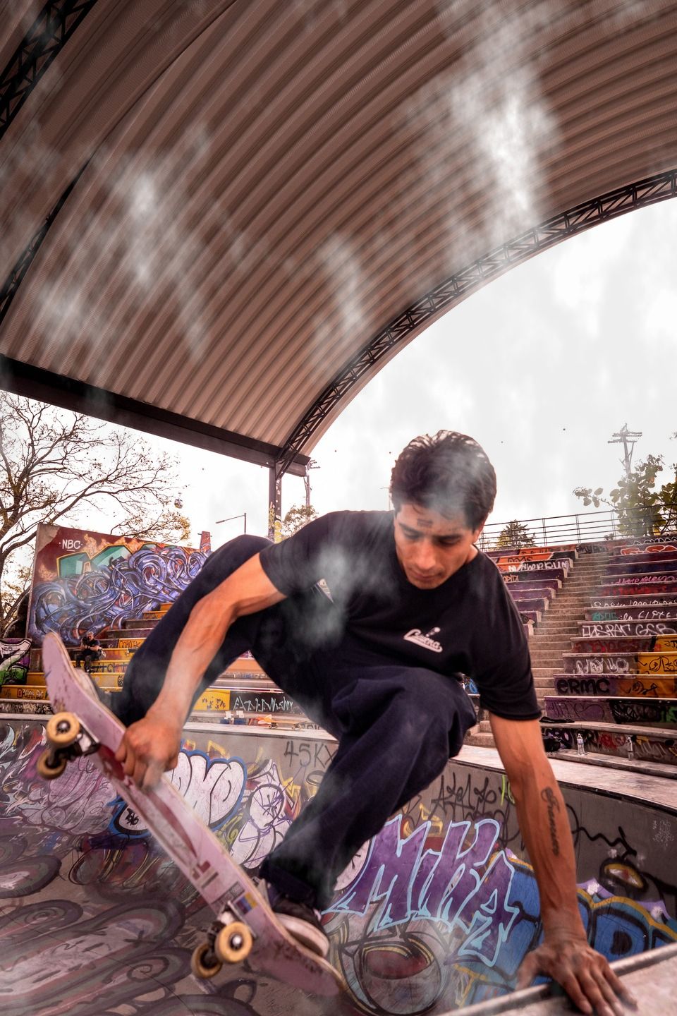 Cloud pattern style image of a skateboarder performing a trick inside a concrete skate bowl covered in graffiti beneath a large curved canopy, with tiered seating and urban artwork visible in the background.