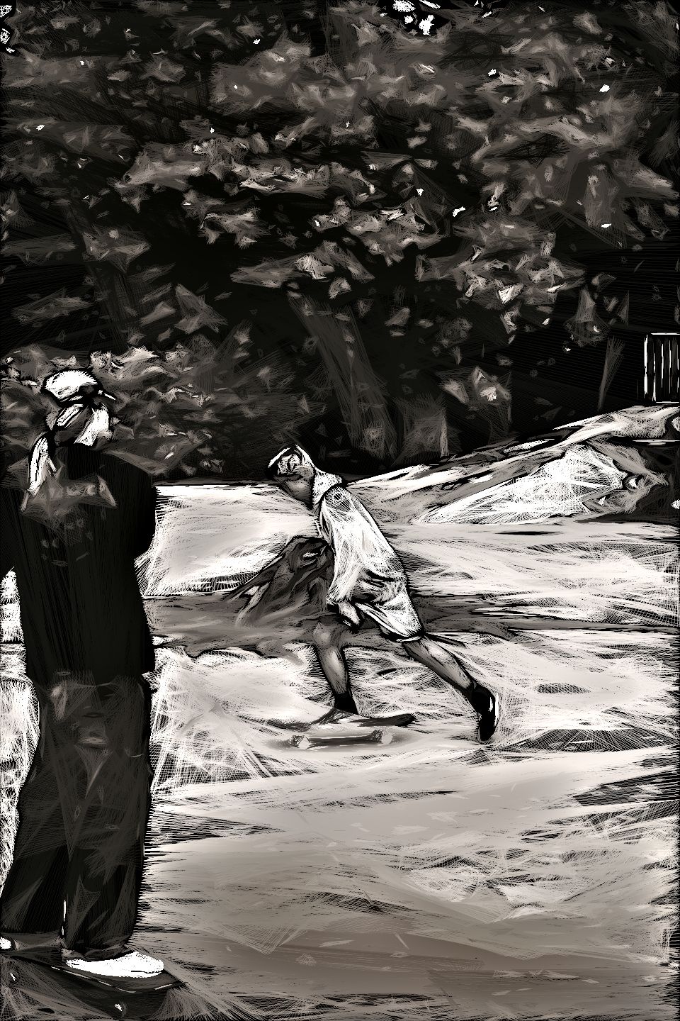 Artistic stringify style image of two skateboarders at an outdoor skatepark. One skateboarder pushes across the concrete surface while another stands on a skateboard nearby, with graffiti-covered ramps and trees in the background.